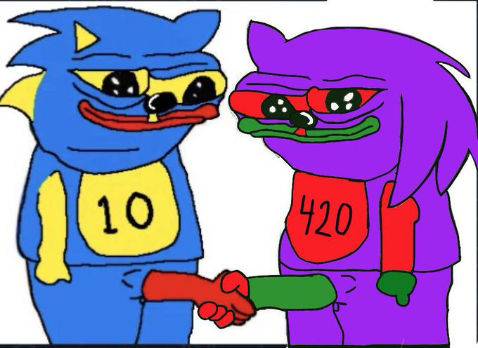 Blue Sanic 10 and purple Knuckles 420 shake hands.